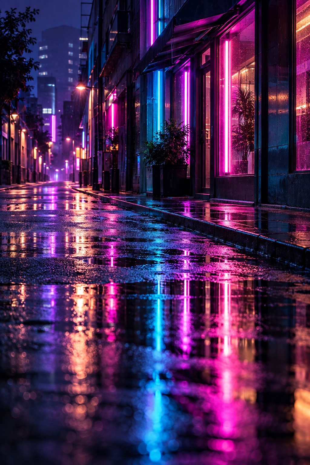 Cyan and pink neon lights reflected on a rain-soaked street