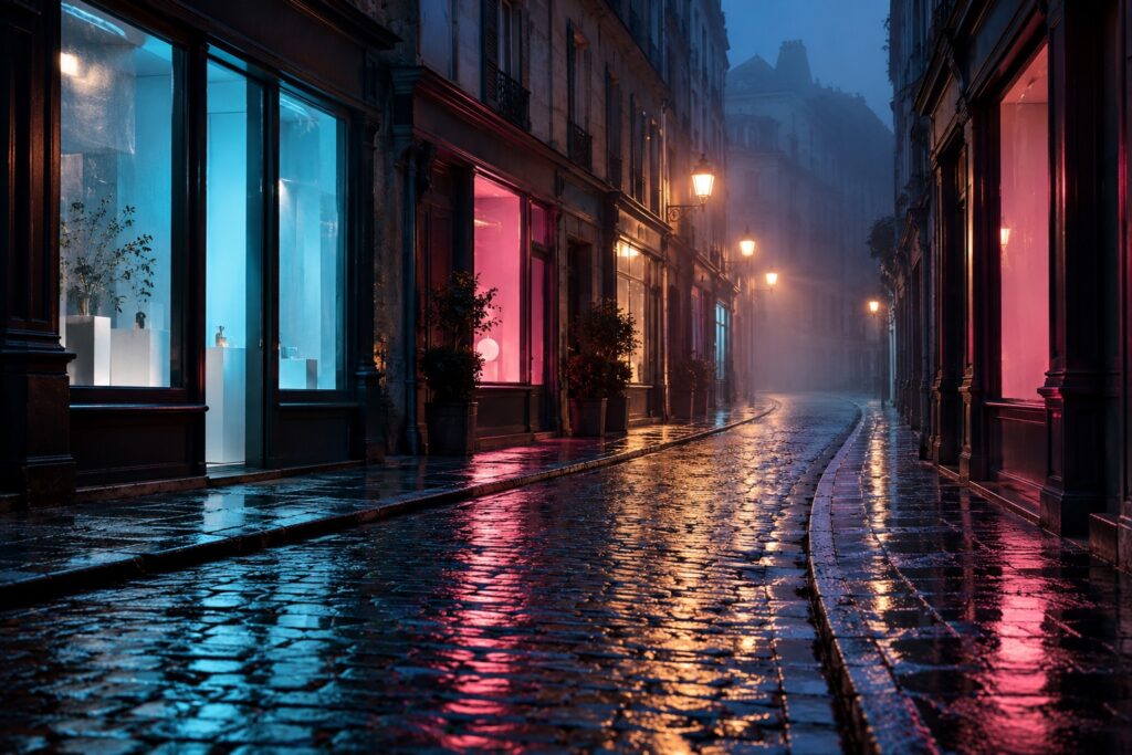 PRISM Portfolio — Neon Rain Blue and pink shop-window light reflected on a rain-soaked cobbled street