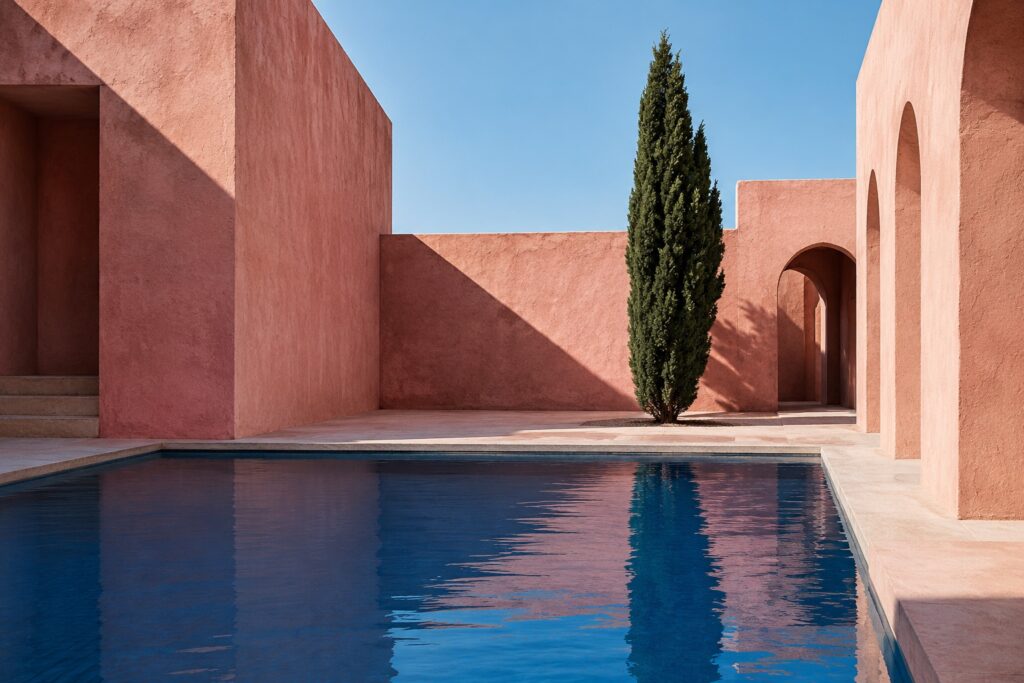 Pink stucco courtyard with a cypress tree and blue reflecting pool