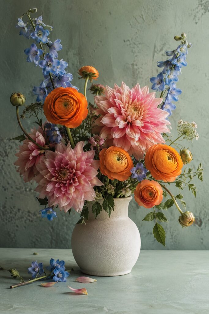 Orange, pink and blue flowers arranged in an ivory ceramic vase