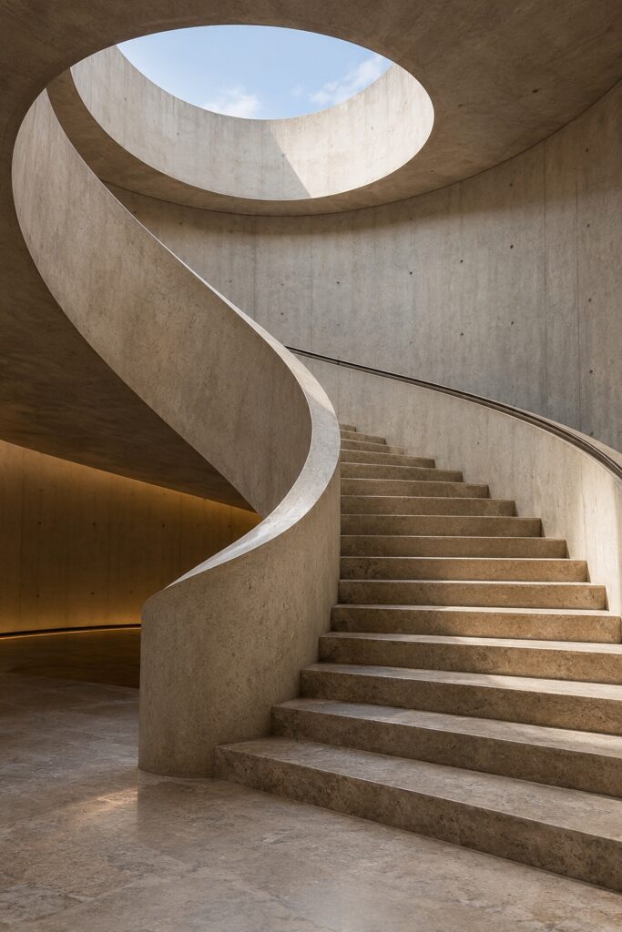 Curved concrete staircase beneath a circular skylight
