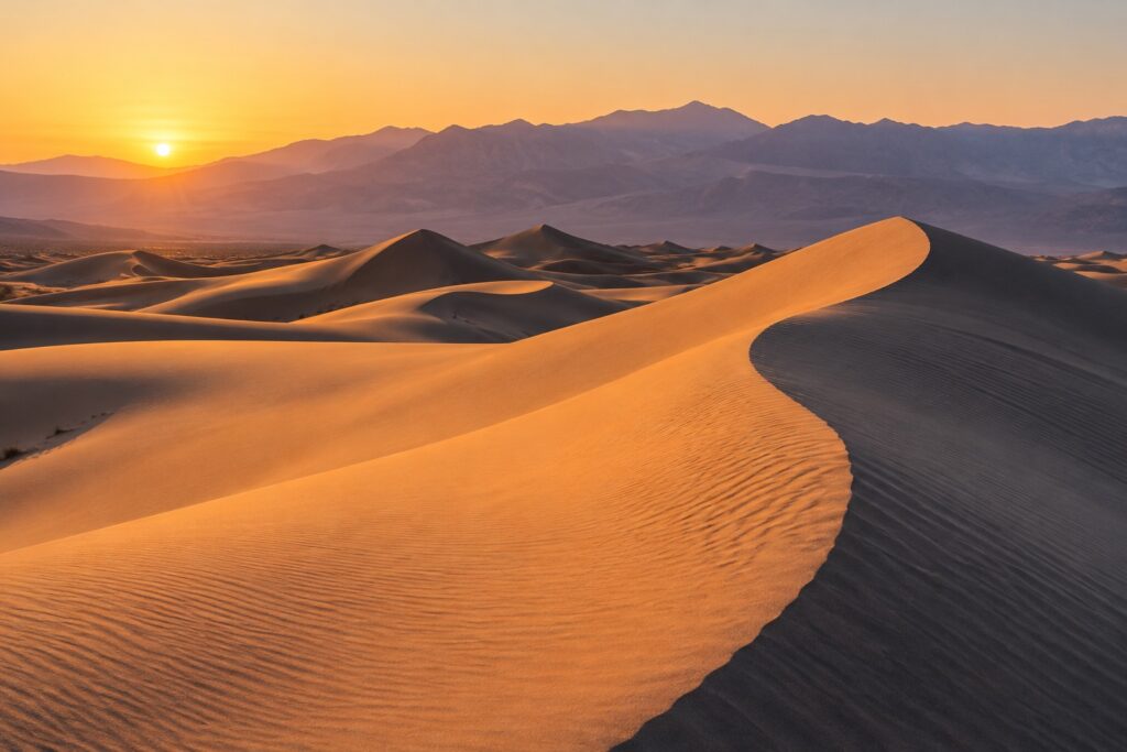 Sunrise illuminating rolling sand dunes with distant mountain silhouettes