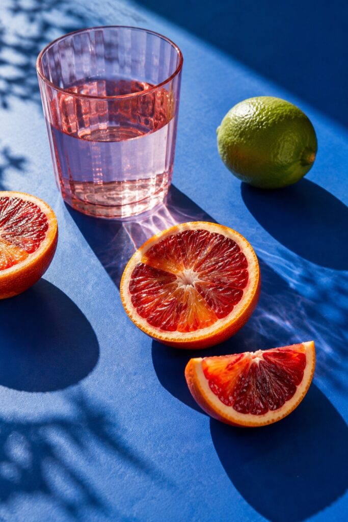 Blood orange slices, a pink glass and a lime on a blue surface