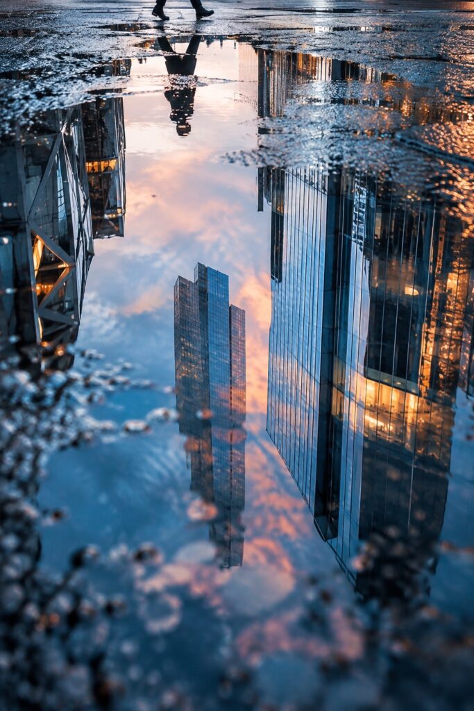 City buildings and a passing pedestrian reflected in a rain puddle