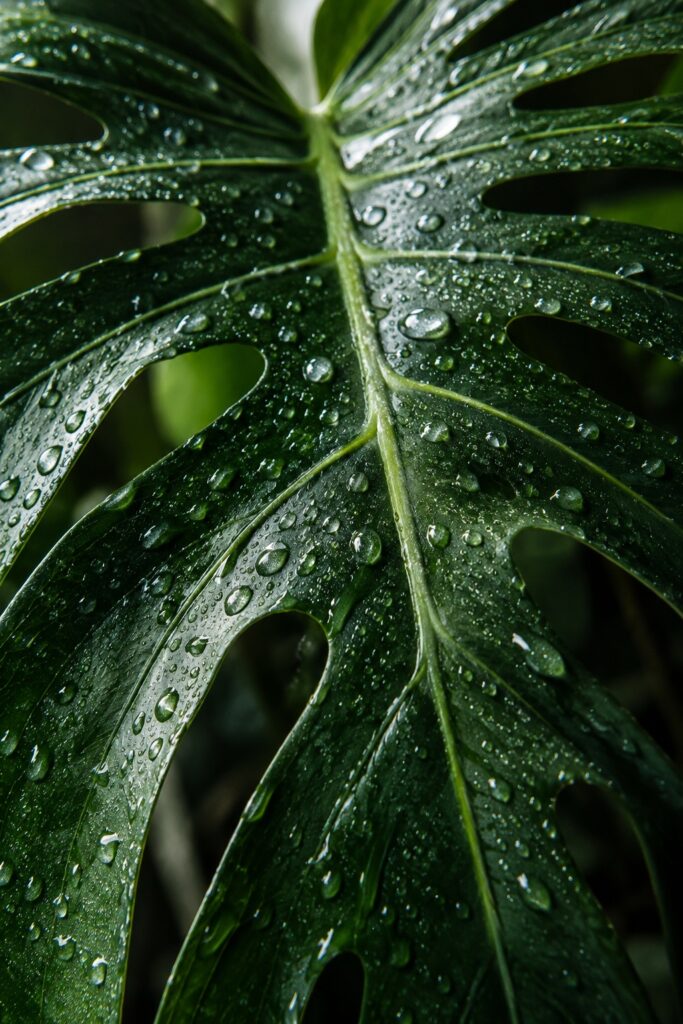Water droplets on the sculptural veins of a green monstera leaf