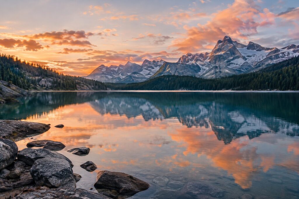 Mountain peaks reflected in a still alpine lake at sunrise