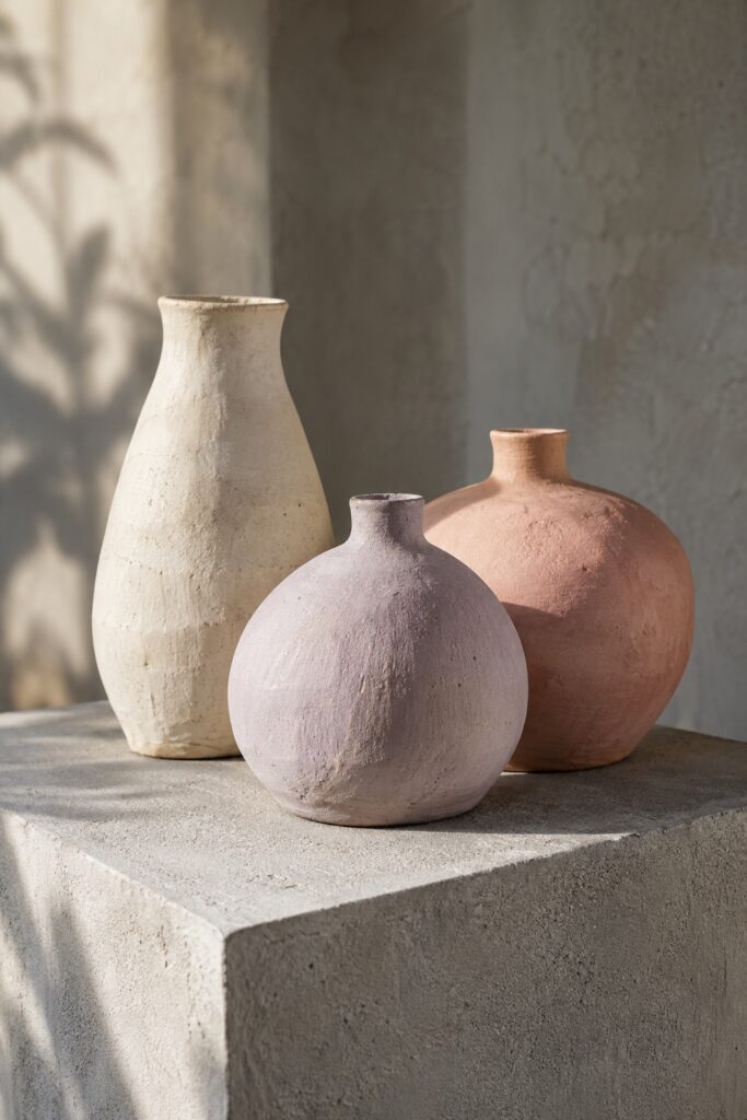 Ivory, lilac and pink ceramic vessels on a grey plinth