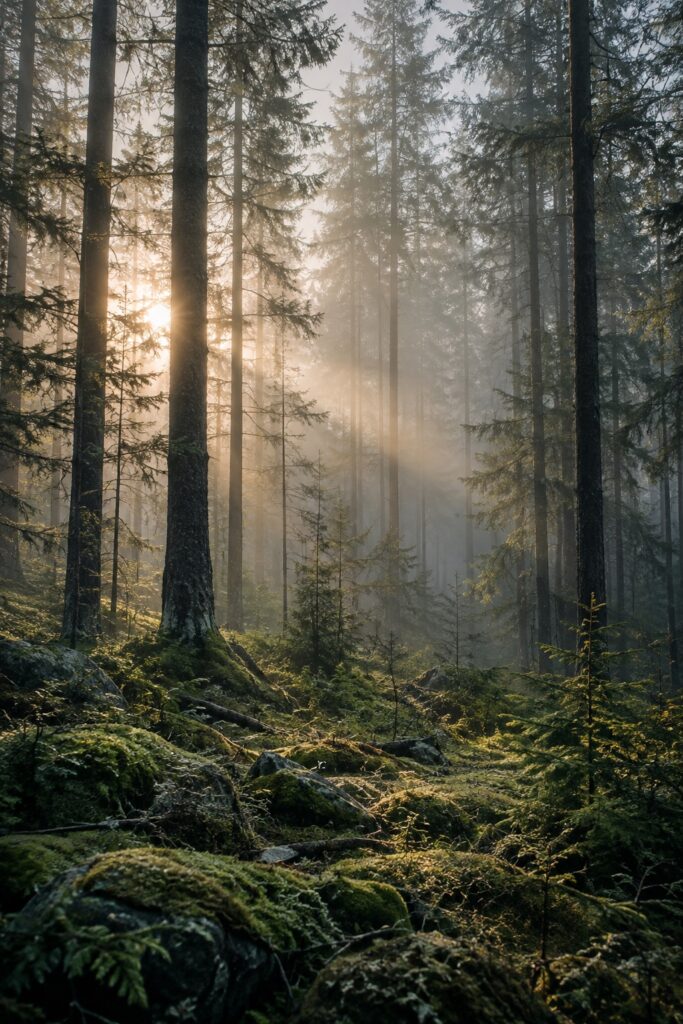 Tall pine trees fading into morning fog above a mossy forest floor