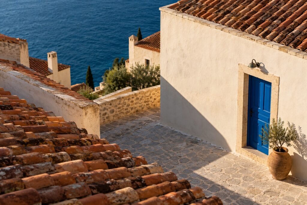 Terracotta rooftops, cream walls and a blue doorway viewed from above