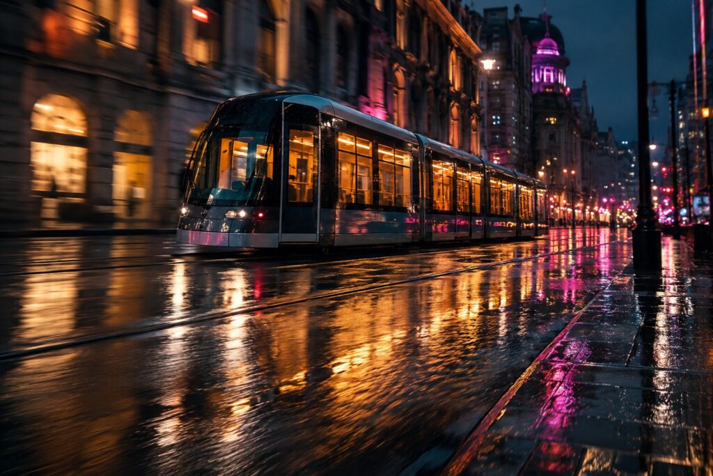 A warmly lit tram crossing a rainy city street at night