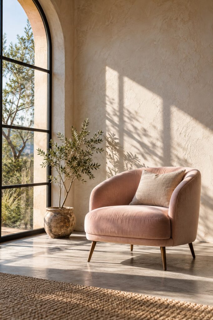 PRISM Portfolio — Window Light A pink chair and a small plant beside a sunlit arched window